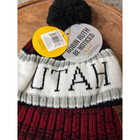Utah Pom-Pom Knit Beanie Hat By Robin Ruth - Red & Black Ribbed Winter Cap - Picture 3 of 6